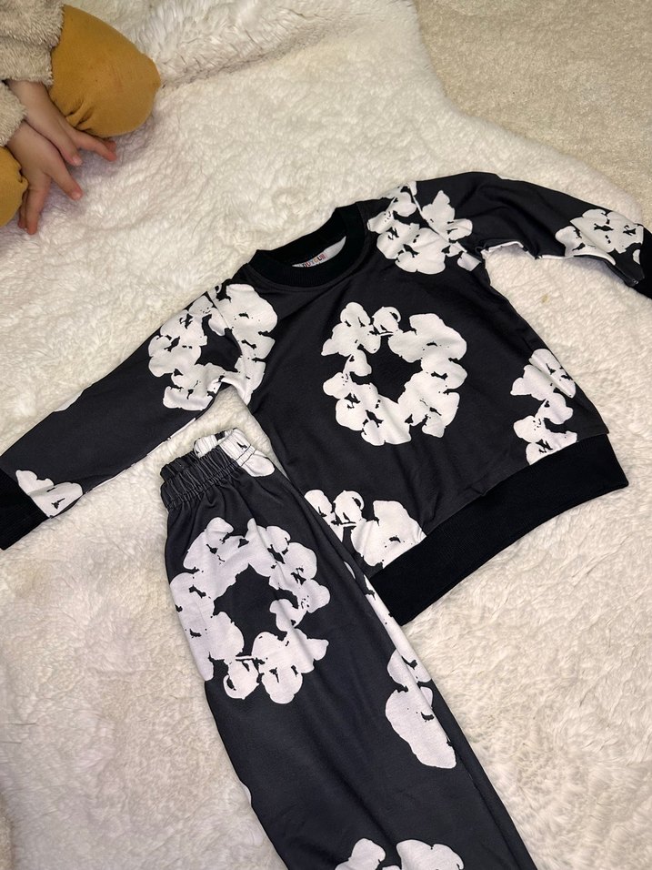 Siyah Beyaz Batik Desenli kız  çocuk Takımı - Görsel 3