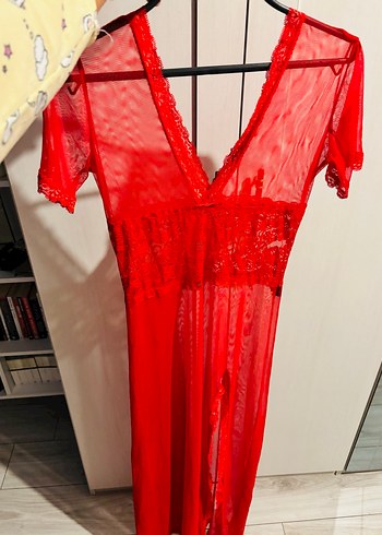 Kırmızı Bohem Midi Transparan Gecelik - Görsel 2