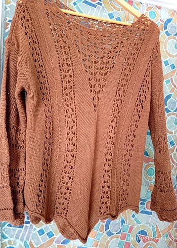 Kadın Kahverengi Bohem Örgü Kolsuz Kazak - Görsel 2