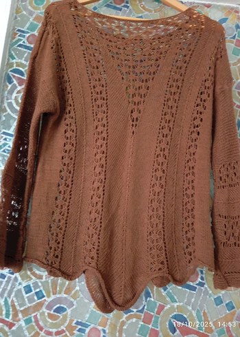 Kadın Kahverengi Bohem Örgü Kolsuz Kazak - Görsel 3