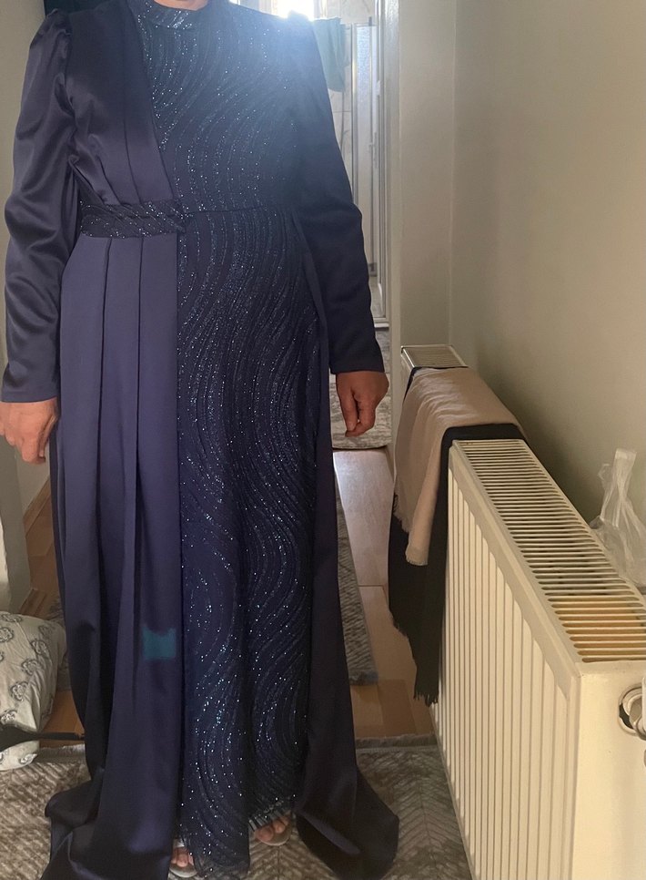 Lacivert Uzun Kollu Gotik Kadın Elbise - Görsel 3