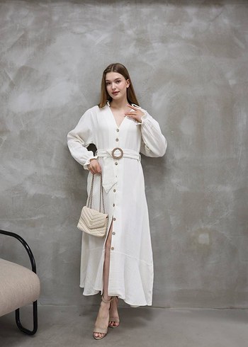 Zara Bohem Stil Kemerli Uzun Keten Elbise sıfır