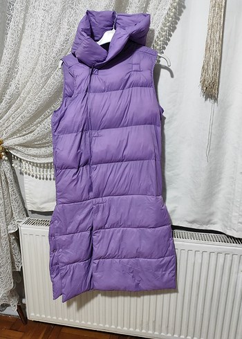 Düğmeli Uzun Mor Kadın Şişme Yelek - Görsel 5