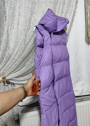 Düğmeli Uzun Mor Kadın Şişme Yelek - Görsel 6