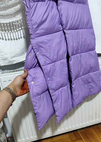 Düğmeli Uzun Mor Kadın Şişme Yelek - Görsel 4