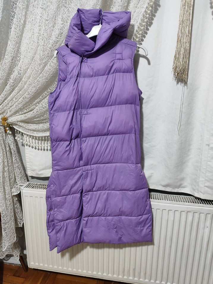 Düğmeli Uzun Mor Kadın Şişme Yelek - Görsel 5