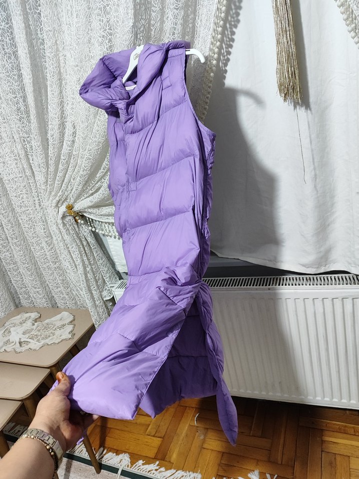 Düğmeli Uzun Mor Kadın Şişme Yelek - Görsel 3