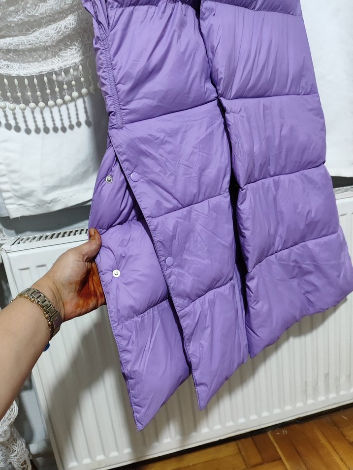 Düğmeli Uzun Mor Kadın Şişme Yelek - Görsel 4