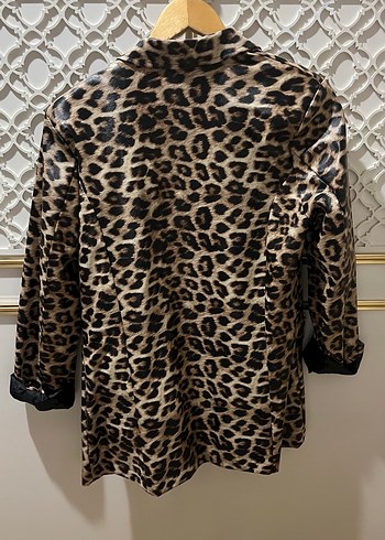 Kahverengi Leopar Desenli Deri Blazer ceket - Görsel 3