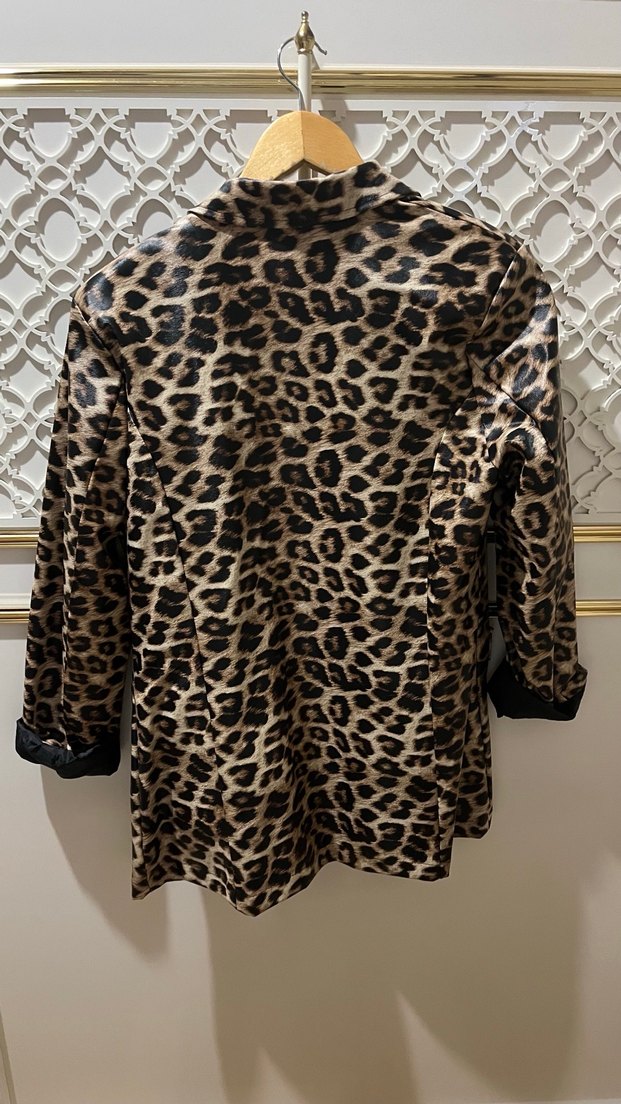 Kahverengi Leopar Desenli Deri Blazer ceket - Görsel 3