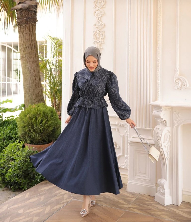 Navy Etnik Desenli Uzun Kollu Fırfırlı etekli takım Elfida moda - Görsel 2