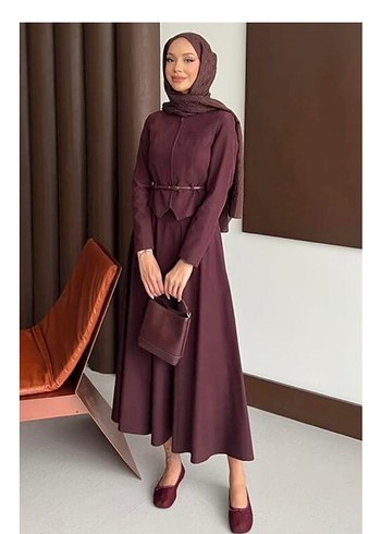 Bordo Kemerli Uzun Kol Tesettür takım ceketli - Görsel 2
