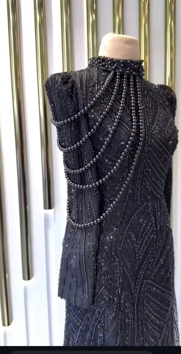 Siyah Drapeli Uzun Kollu Abiye Elbise Akın moda pınarşems incila - Görsel 2