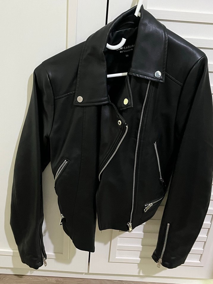Siyah Deri Biker Ceket Kadın - Görsel 2