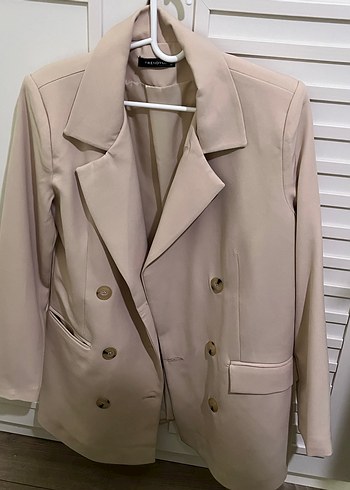 Bej Düğmeli Kadın Midi Blazer Ceket - Görsel 2