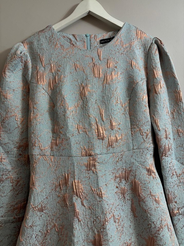 Nakışlı Drapeli Bej Uzun Kollu Elbise - Görsel 4