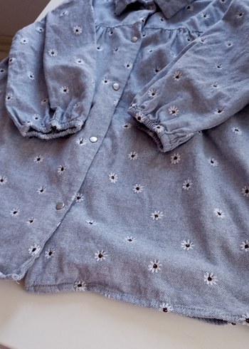 Zara #Nakışlı #Mavi #Pamuklu #Kumaş #Kız #Çocuk #Gömlek #Elbise