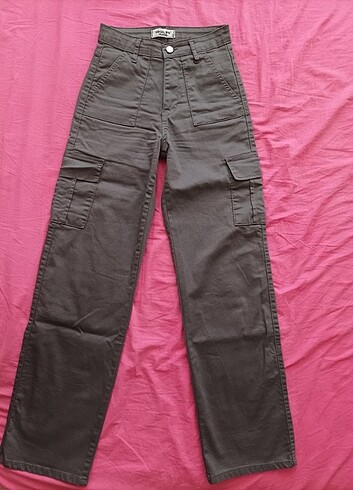34 Beden Gri Kargo Likralı Yüksek Bel Wide Leg Pantolon