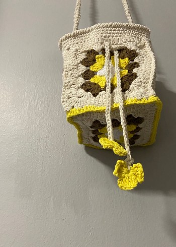 Sarı Çiçek Desenli Örgü Bohem Kadın Çanta - Görsel 5