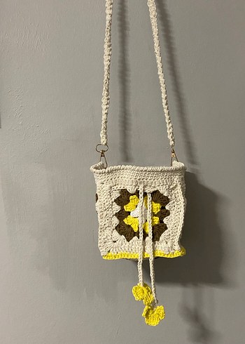 Sarı Çiçek Desenli Örgü Bohem Kadın Çanta - Görsel 2