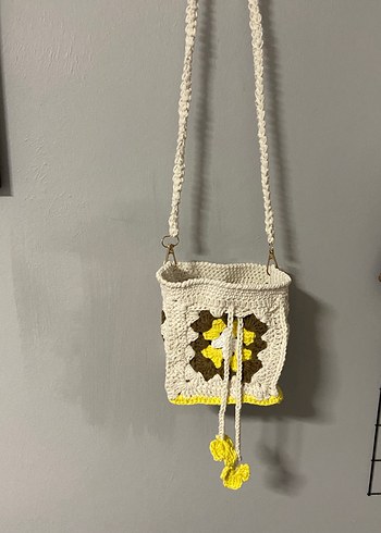 Sarı Çiçek Desenli Örgü Bohem Kadın Çanta - Görsel 4
