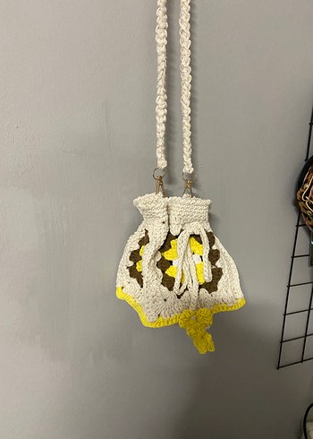 Sarı Çiçek Desenli Örgü Bohem Kadın Çanta - Görsel 3