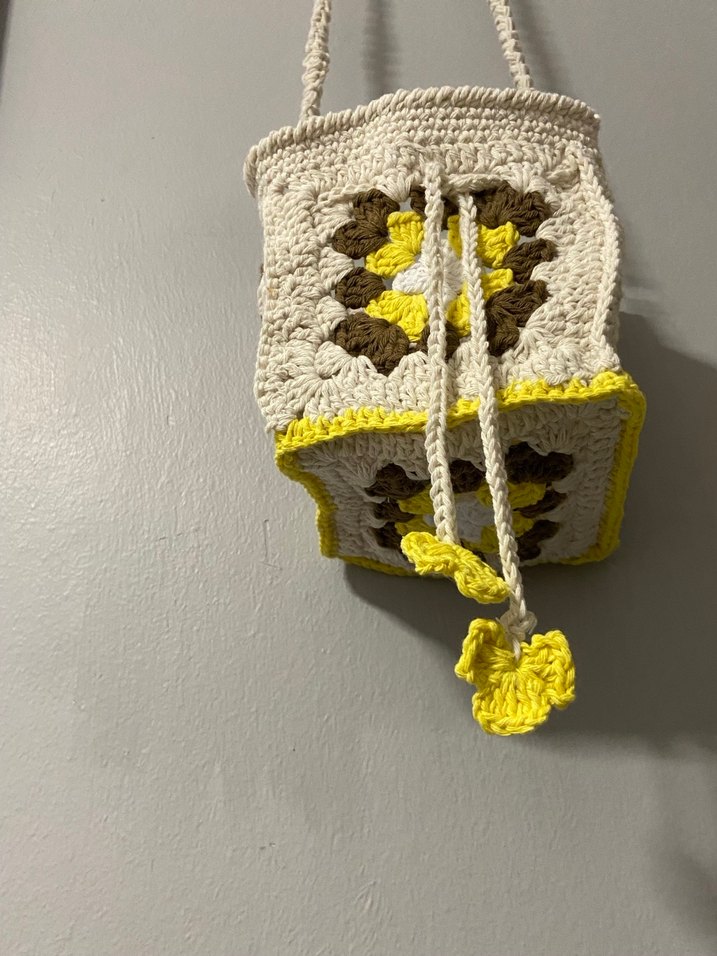 Sarı Çiçek Desenli Örgü Bohem Kadın Çanta - Görsel 5