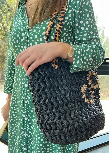 Siyah Bohem Raffıa Örgü Kadın Çanta - Görsel 4