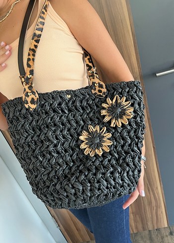 Siyah Bohem Raffıa Örgü Kadın Çanta - Görsel 3