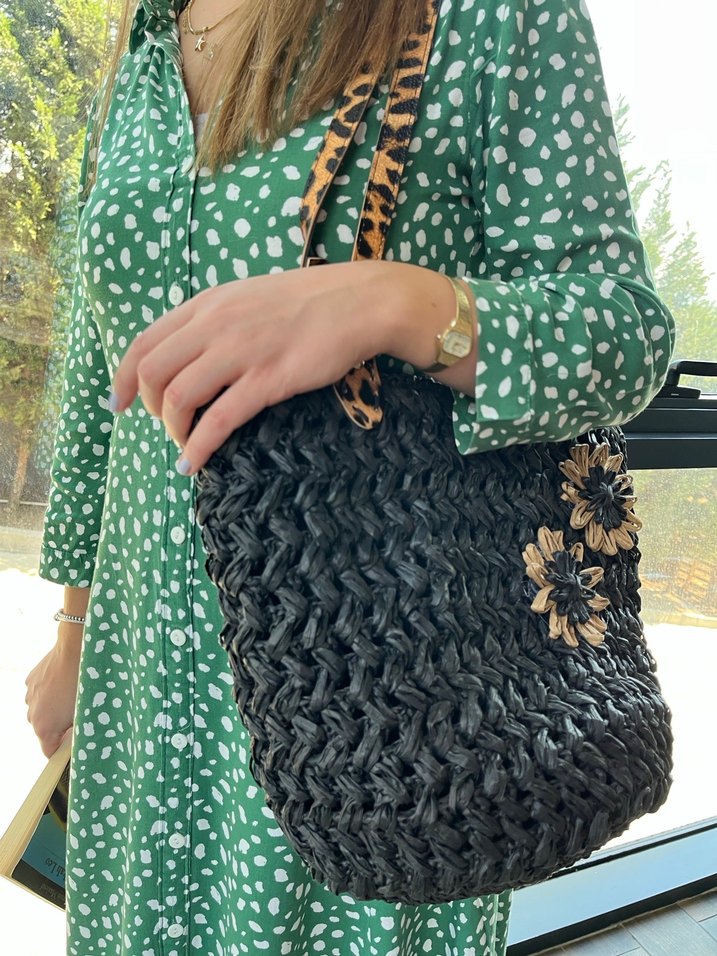 Siyah Bohem Raffıa Örgü Kadın Çanta - Görsel 4