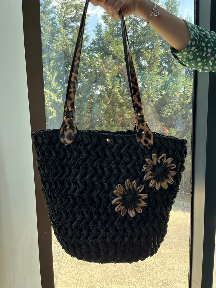 Siyah Bohem Raffıa Örgü Kadın Çanta - Görsel 2