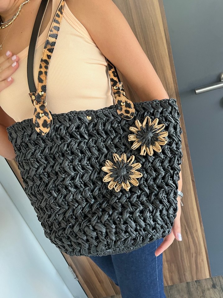 Siyah Bohem Raffıa Örgü Kadın Çanta - Görsel 3
