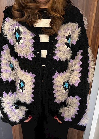 Bohem Çok Renkli Örgü Kadın Hırka - Görsel 6