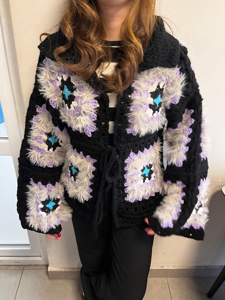 Bohem Çok Renkli Örgü Kadın Hırka - Görsel 5