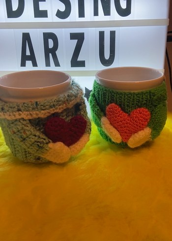 Yeşil Renkli Kalp Desenli Örgü Kupa Kılıfı - Görsel 5