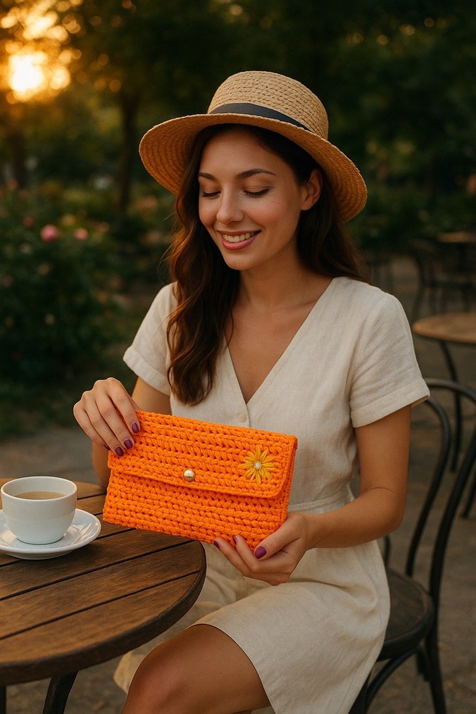 Turuncu Nakışlı Örgü Bohem Kadın Portföy Çanta - Görsel 3