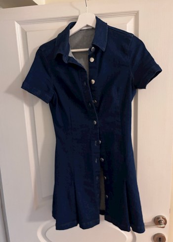 Düğmeli Lacivert Denim Mini Elbise