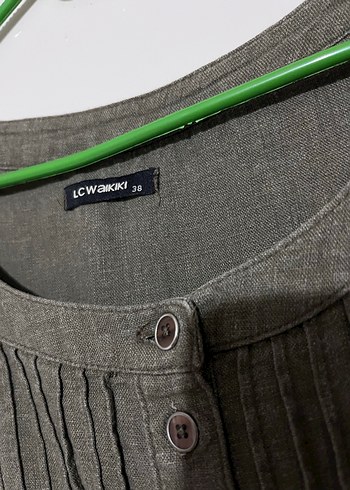 Düğmeli Kısa Kollu Keten Midi Elbise - Görsel 2