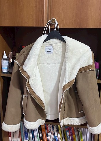 Bej Süet Kadın Ceket, Kürklü, Rahat Kesim - Görsel 2