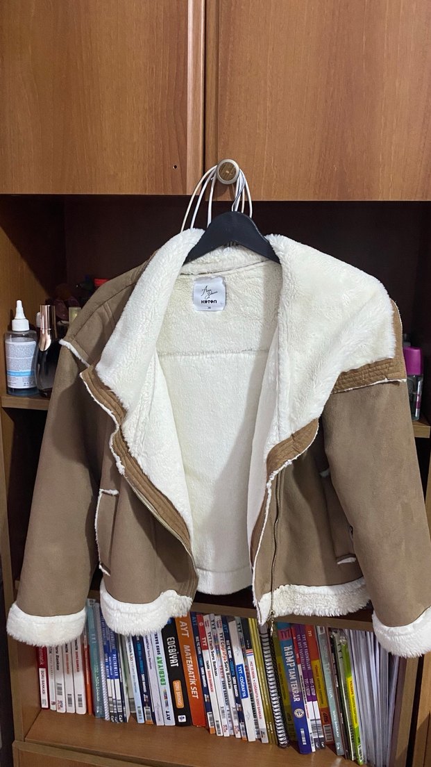 Bej Süet Kadın Ceket, Kürklü, Rahat Kesim - Görsel 2