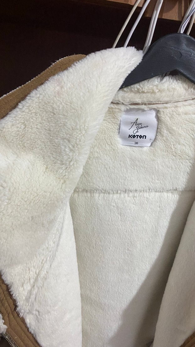 Bej Süet Kadın Ceket, Kürklü, Rahat Kesim - Görsel 3