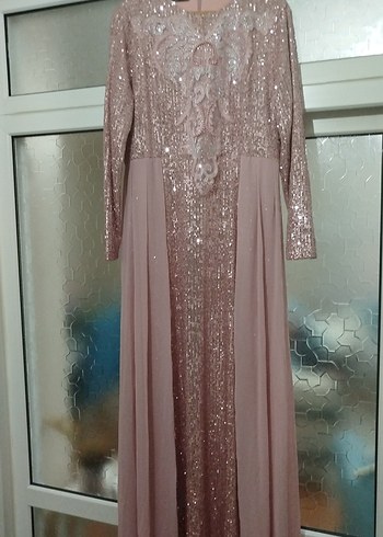 Pembe Payetli Uzun Kollu Abiye Elbise