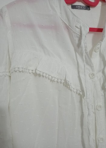 Düğmeli Beyaz Keten Uzun Kollu Kadın Gömlek - Görsel 2