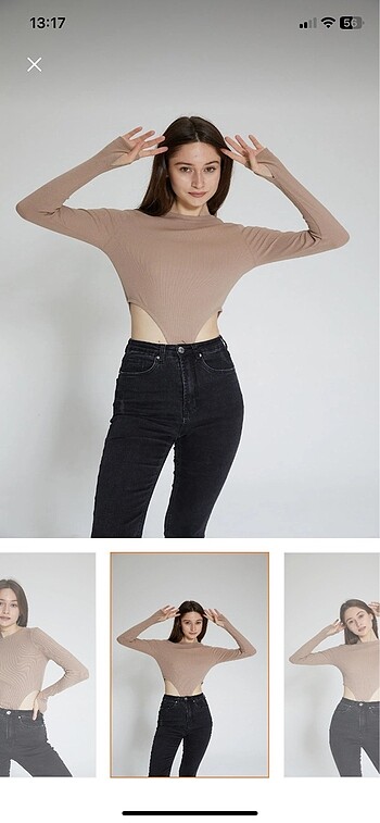 s Beden camel Renk fitilli bel dekolteli parmak detaylı bodysuit