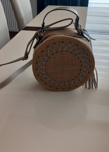 Bej Nakışlı Püsküllü hasır Bohem Çanta