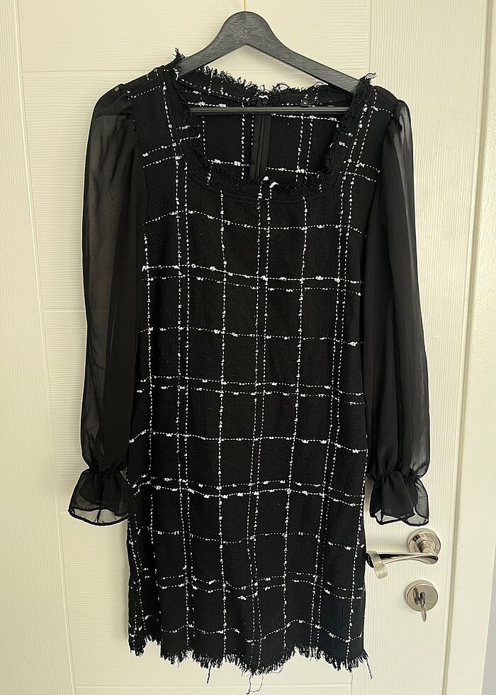 Şifon balon kollu siyah elbise - Görsel 2