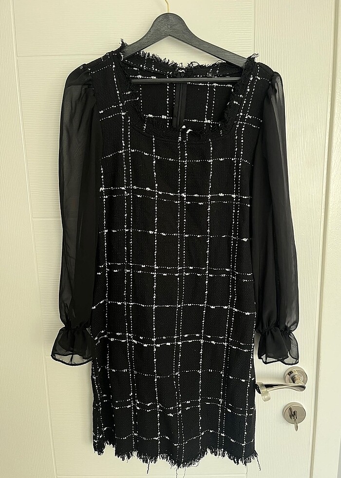 Şifon balon kollu siyah elbise - Görsel 3