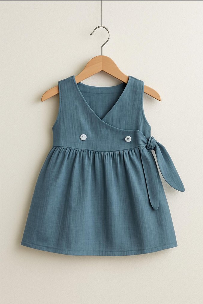 Bej Kız Çocuk Kolsuz Keten Elbise - Görsel 3