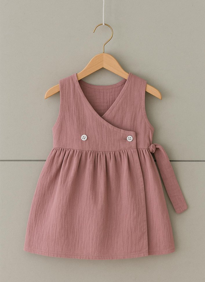 Bej Kız Çocuk Kolsuz Keten Elbise - Görsel 4