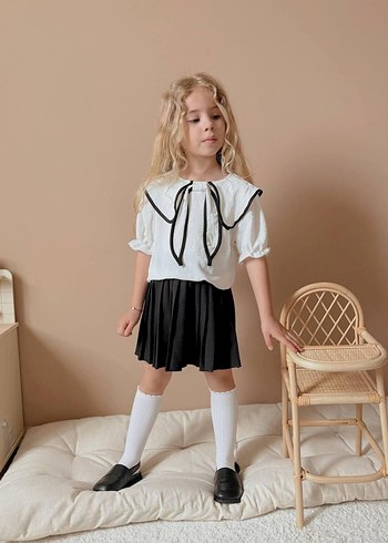 Kız Çocuk Beyaz Pamuklu Fiyonklu Bluz - Görsel 3